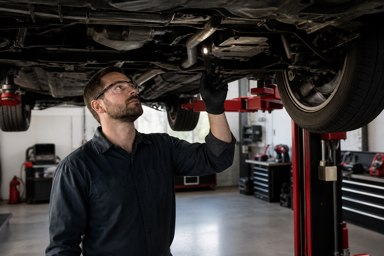 Automotive technician inspecting the underside of a vehicle on a lift
